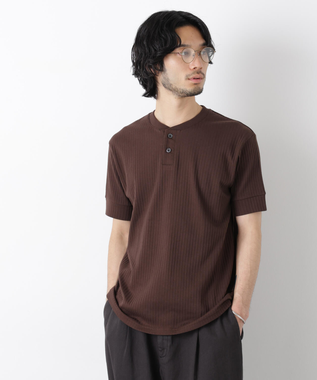 ワイドリブスタンダードヘンリーネックTシャツ 半袖 6726124214
