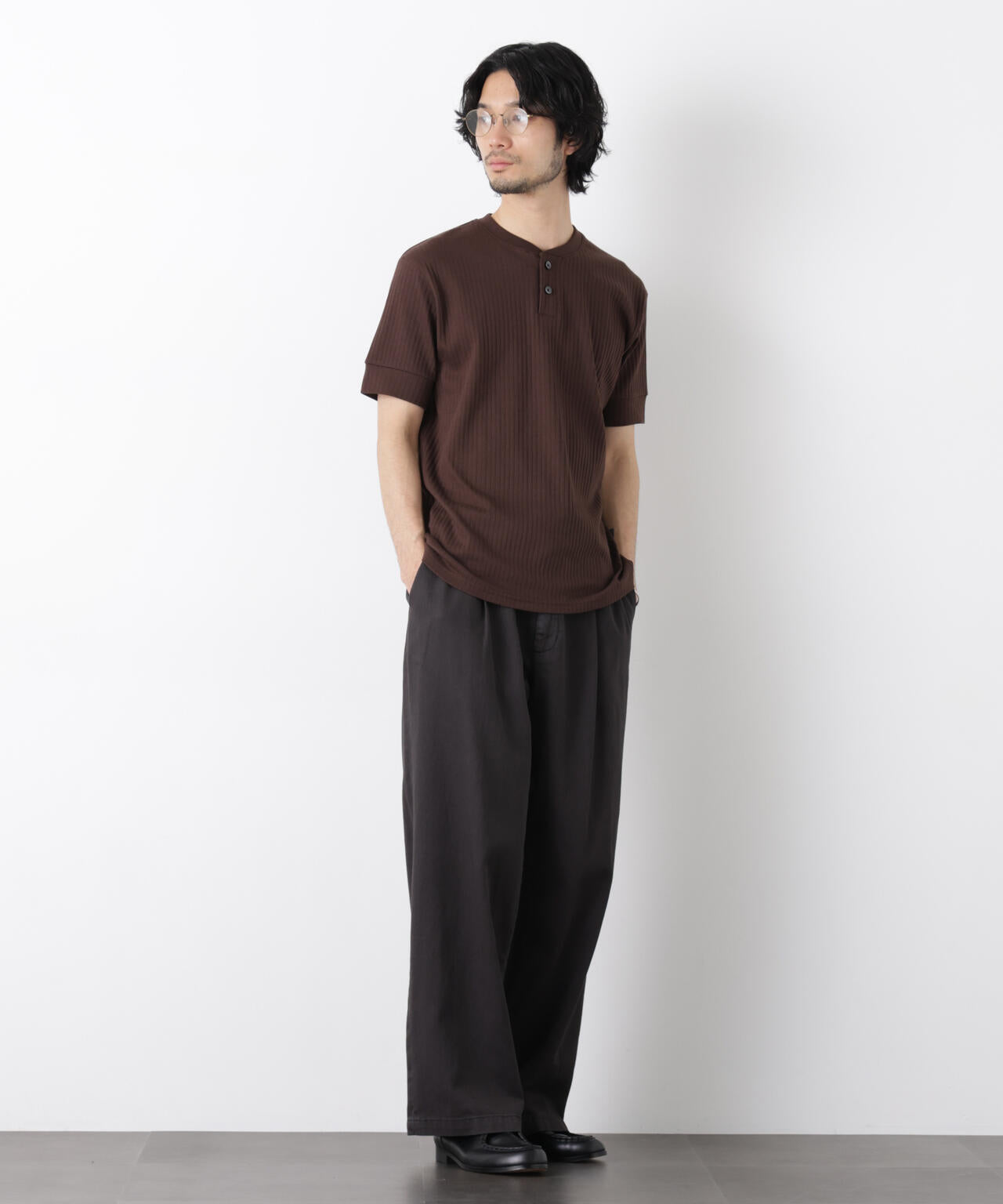 ワイドリブスタンダードヘンリーネックTシャツ 半袖