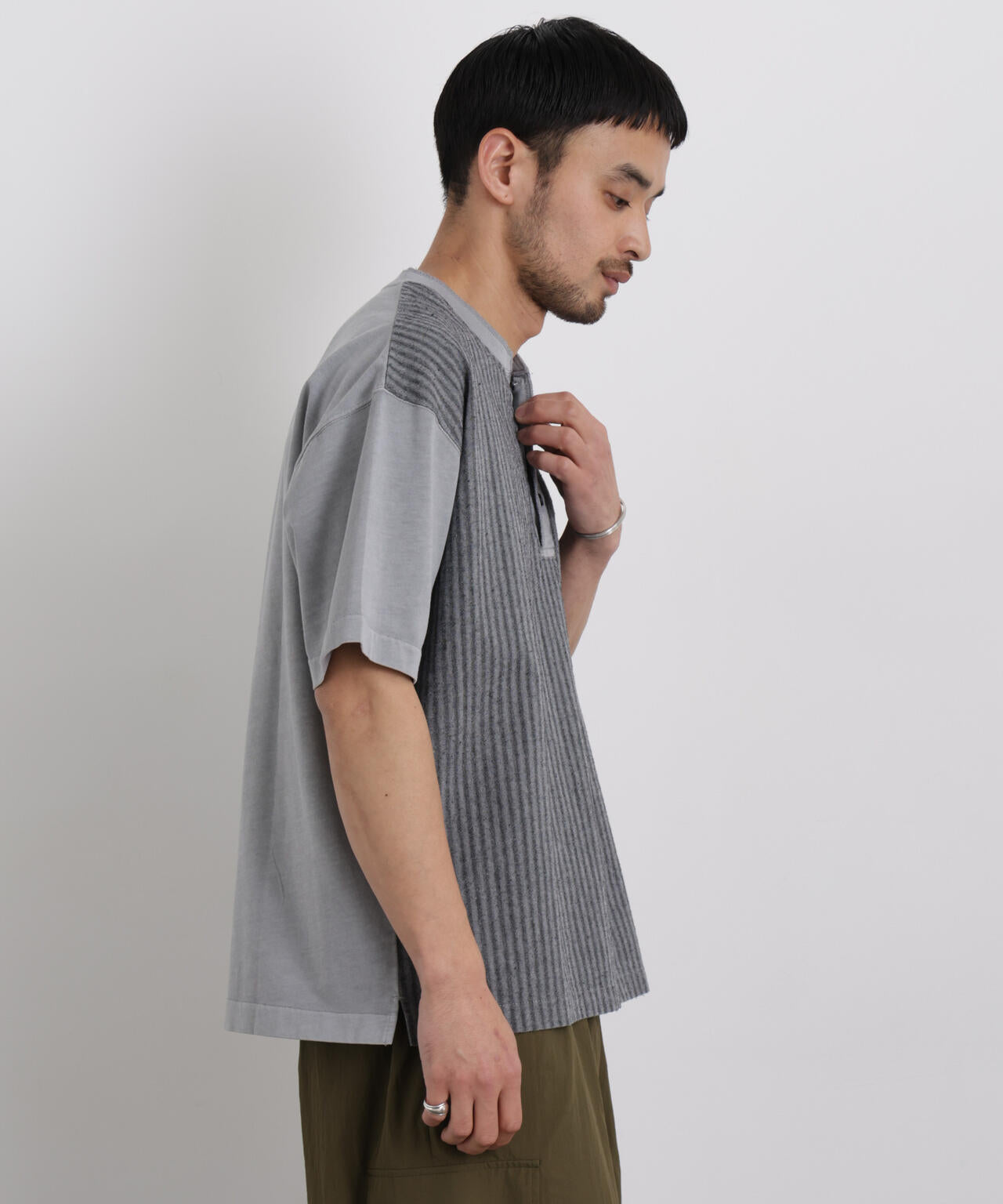 オーバーダイジャガードストライプヘンリーTシャツ 半袖 6726124221