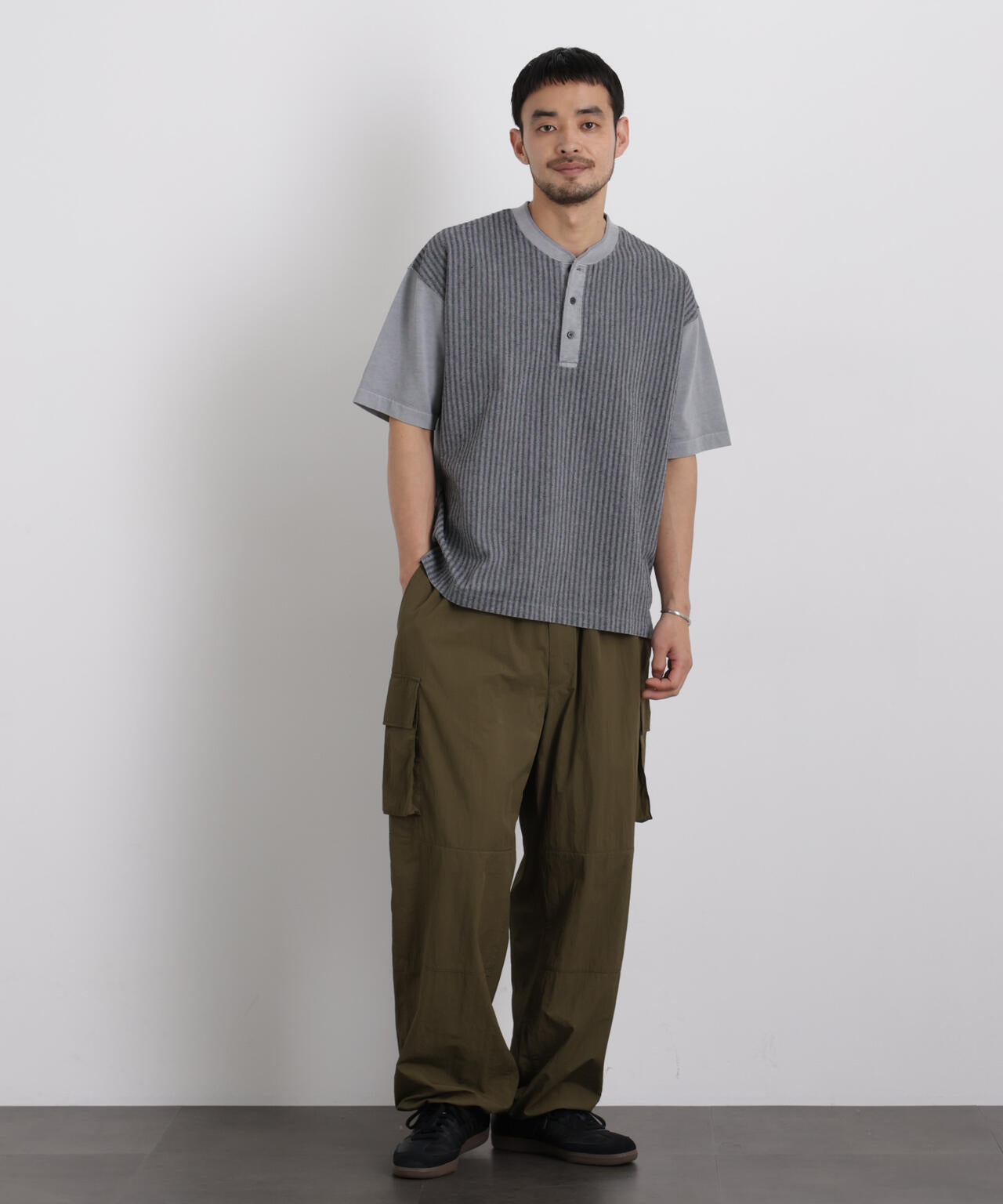 オーバーダイジャガードストライプヘンリーTシャツ 半袖 6726124221