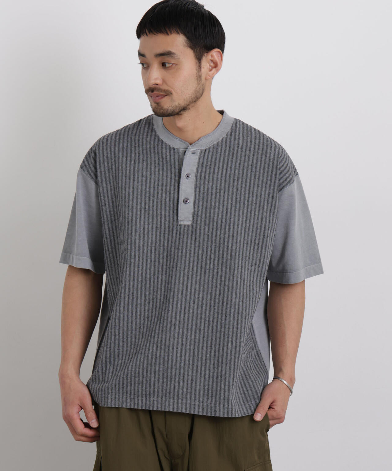 オーバーダイジャガードストライプヘンリーTシャツ 半袖 6726124221