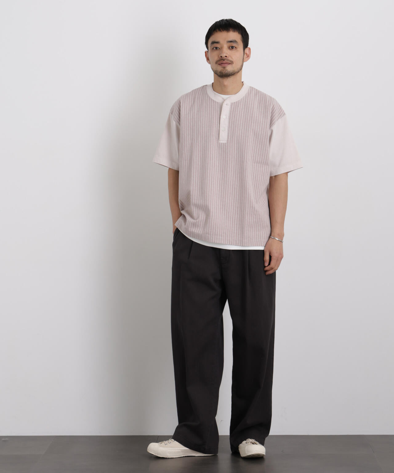 オーバーダイジャガードストライプヘンリーTシャツ 半袖 6726124221