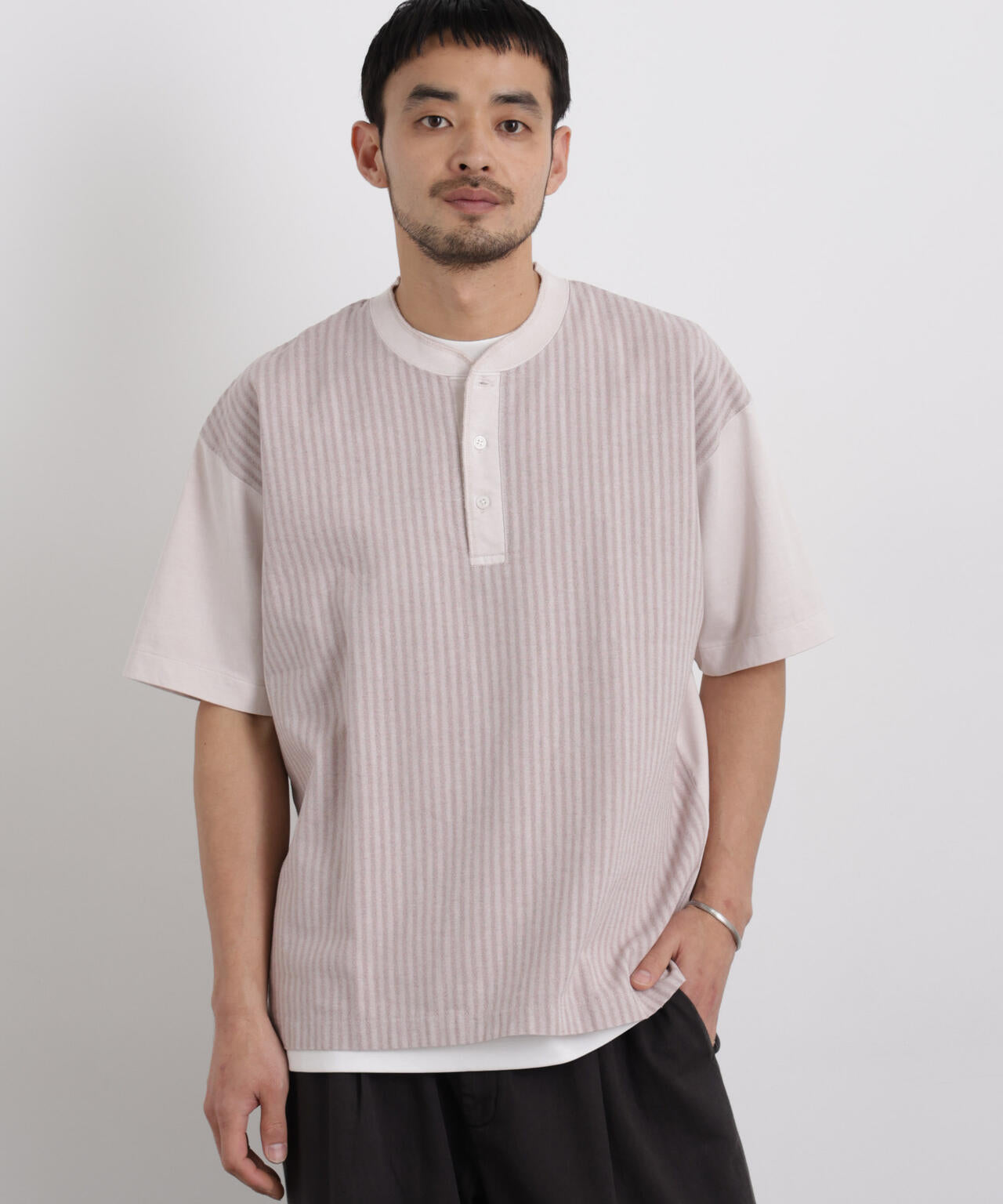 オーバーダイジャガードストライプヘンリーTシャツ 半袖 6726124221