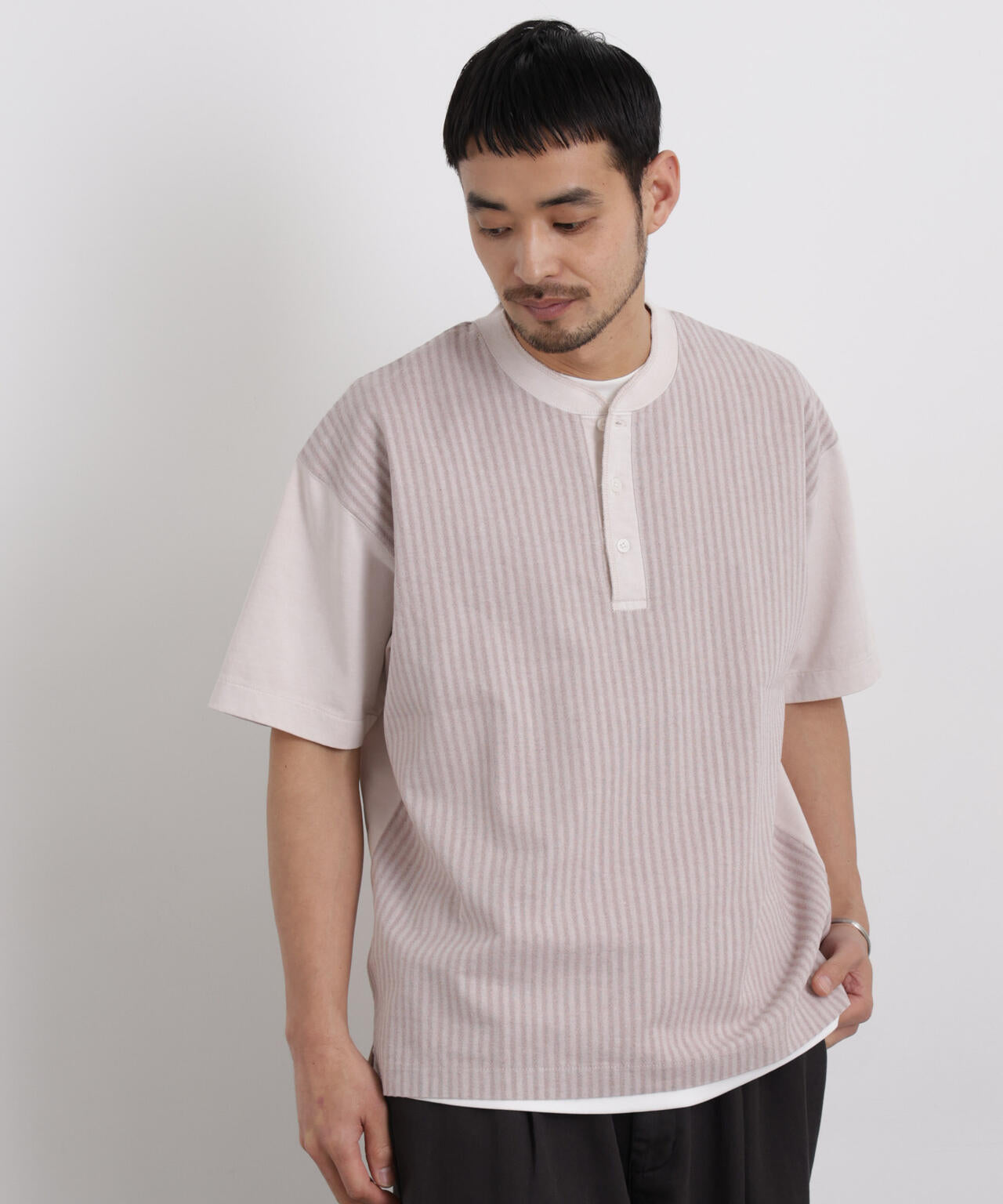 オーバーダイジャガードストライプヘンリーTシャツ 半袖 6726124221