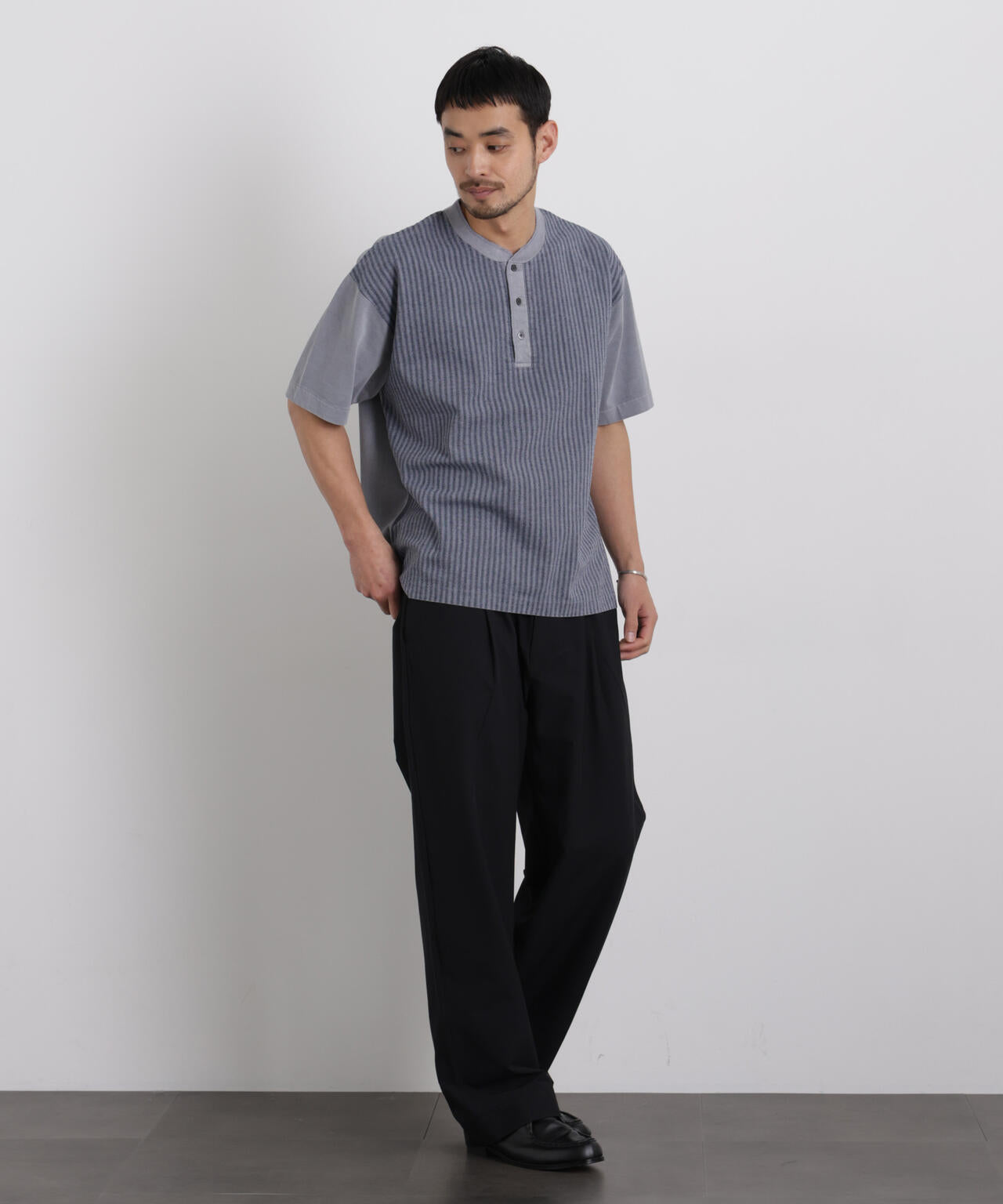 オーバーダイジャガードストライプヘンリーTシャツ 半袖 6726124221