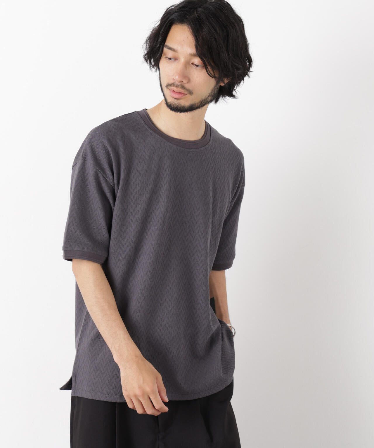 STONE  グレー Tシャツ 半袖 ヘリンボンジャガードTシャツ 半袖
