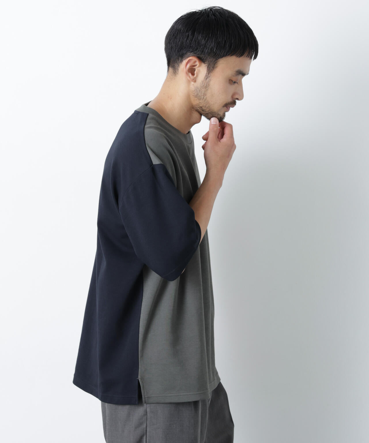 2トーンシルケット切り替えTシャツ 半袖
