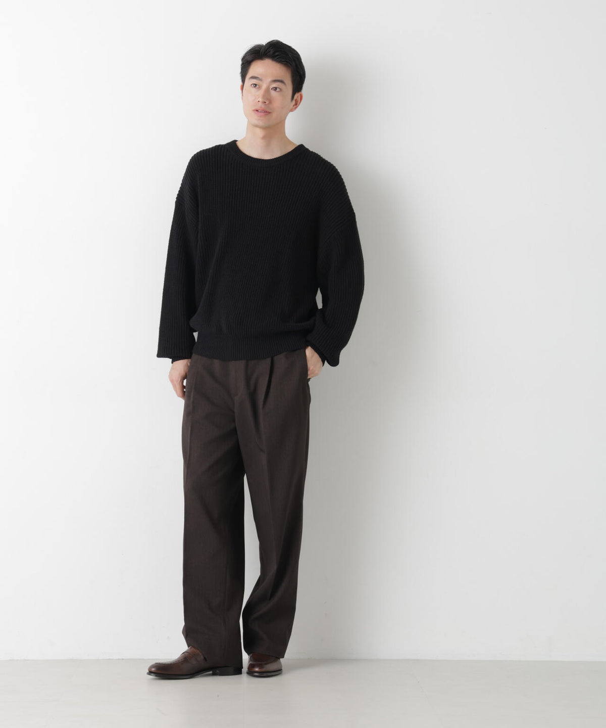 WEB限定/ワイドフィット畔編クルーネックニット 6726222227