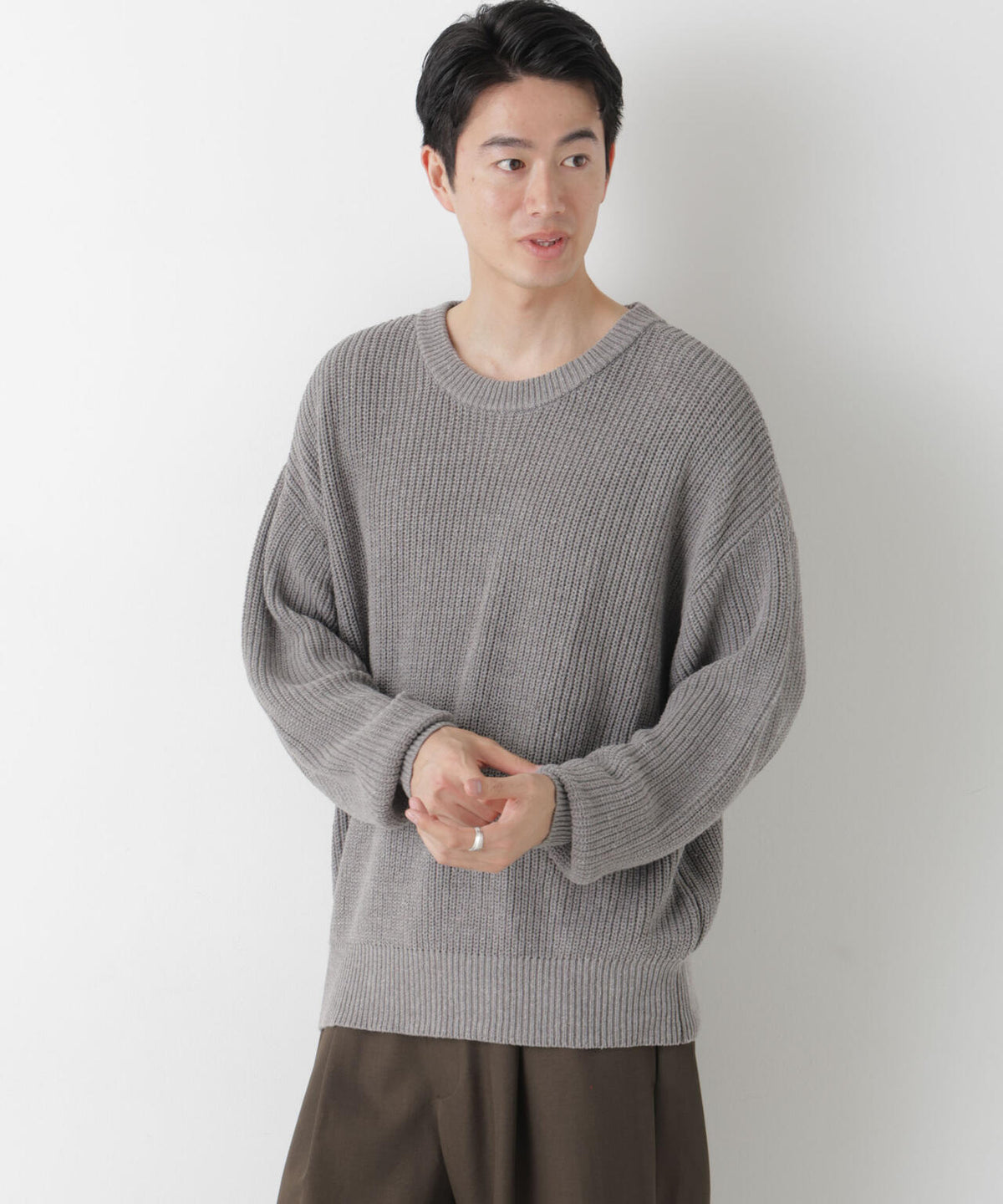 WEB限定/ワイドフィット畔編クルーネックニット 6726222227