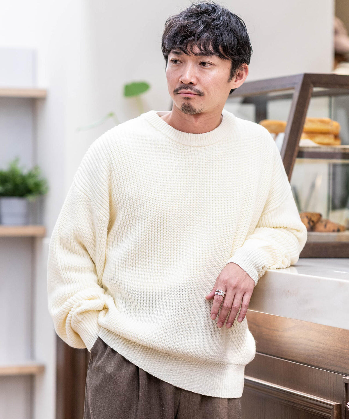 WEB限定/ワイドフィット畔編クルーネックニット 6726222227