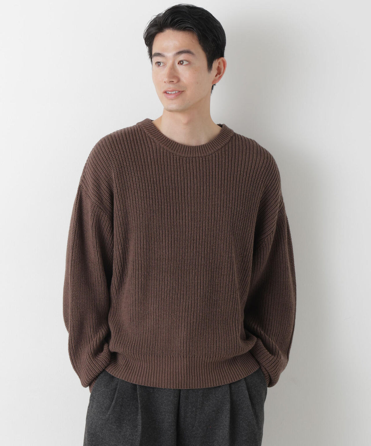 WEB限定/ワイドフィット畔編クルーネックニット 6726222227