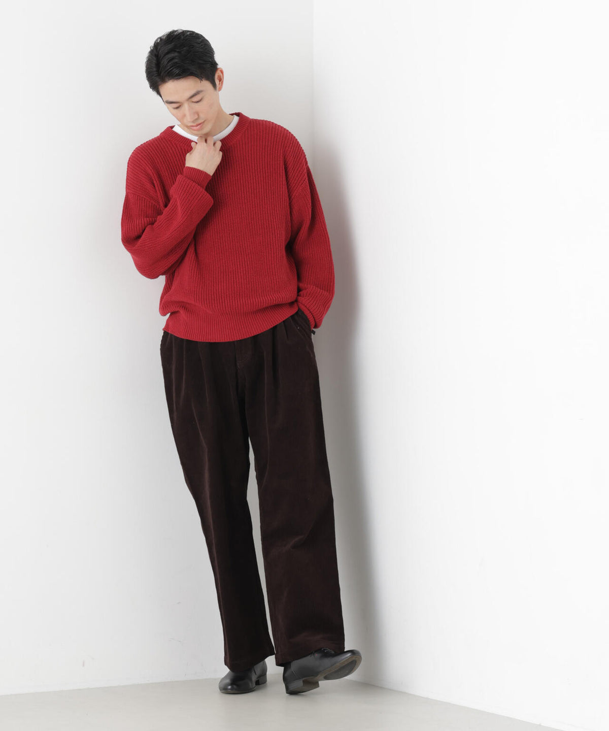 WEB限定/ワイドフィット畔編クルーネックニット 6726222227