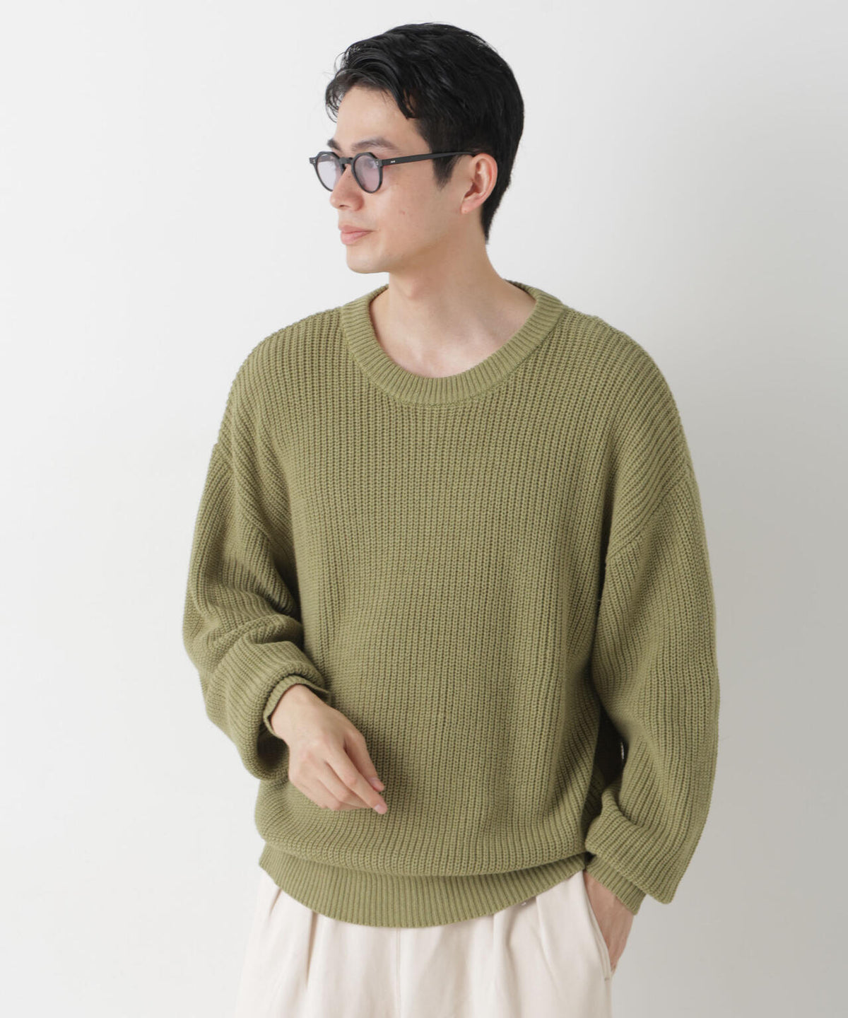 WEB限定/ワイドフィット畔編クルーネックニット 6726222227