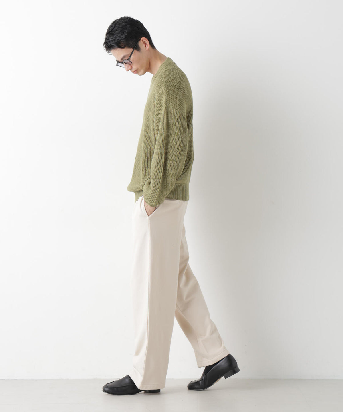 WEB限定/ワイドフィット畔編クルーネックニット 6726222227