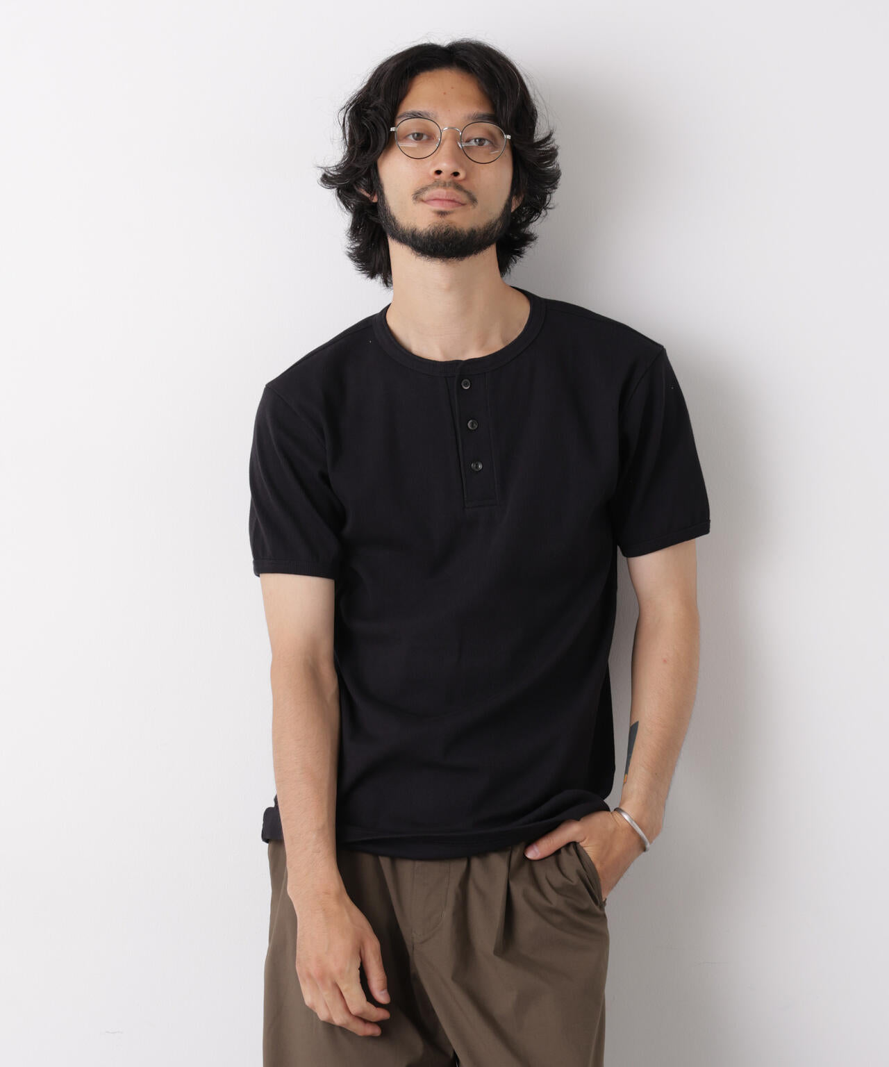 リブ素材 ブラック 半袖Tシャツ リブフライスヘンリーTシャツ 半袖