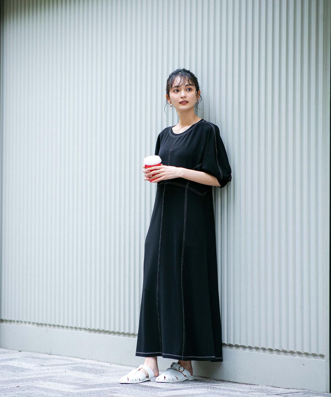 LB.04/WEB限定 配色ステッチ袖ボリュームワンピース【低身長サイズ有】 6733119318