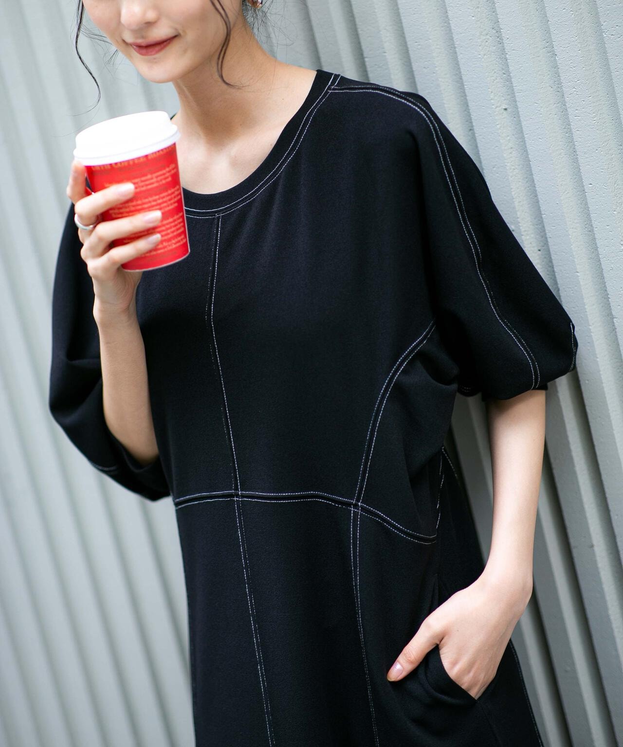 LB.04/WEB限定 配色ステッチ袖ボリュームワンピース【低身長サイズ有】 6733119318