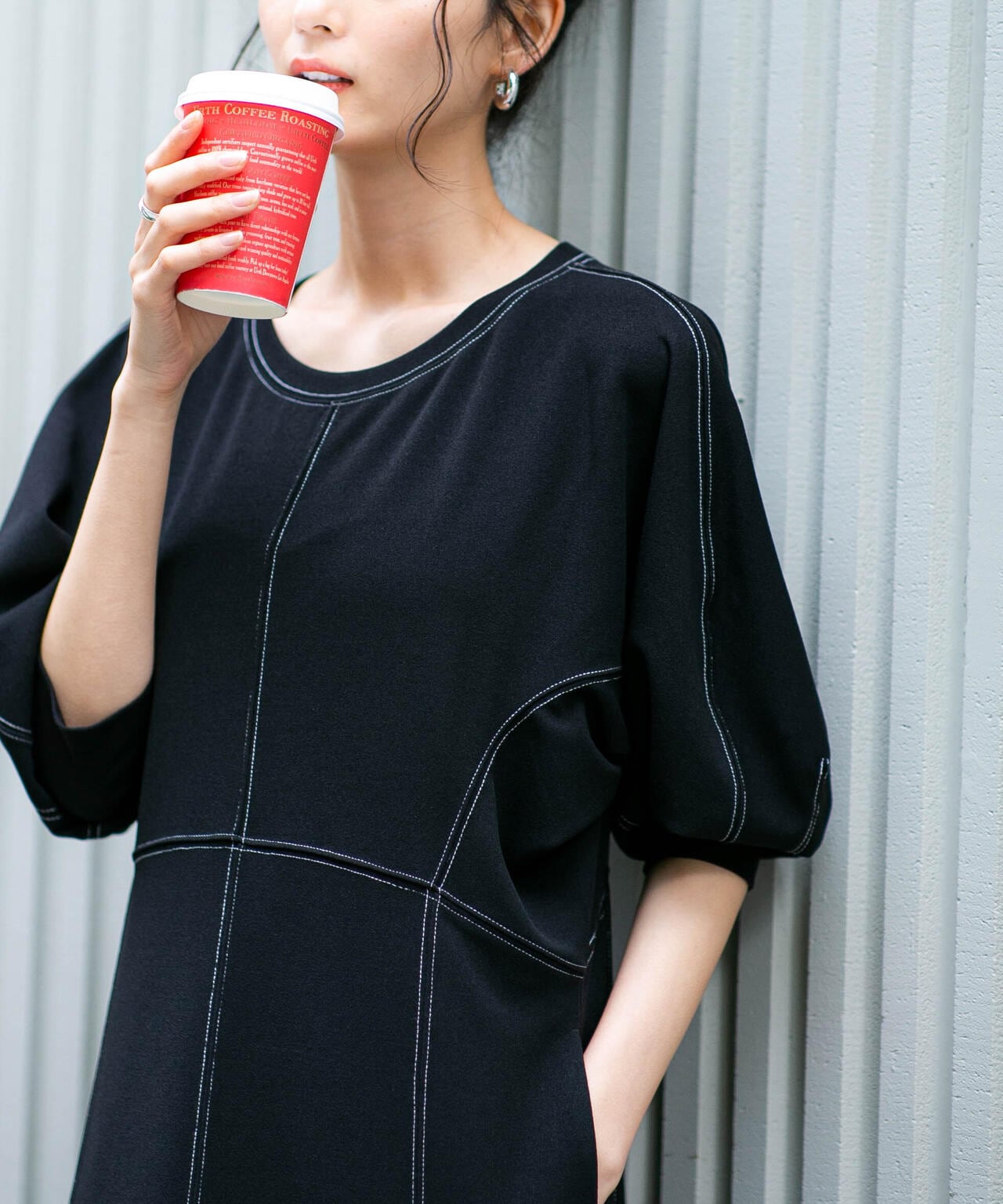 LB.04/WEB限定 配色ステッチ袖ボリュームワンピース【低身長サイズ有】 6733119318