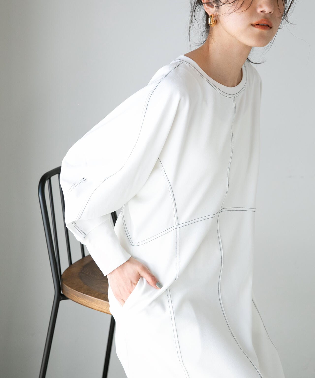 LB.04/WEB限定 配色ステッチ袖ボリュームワンピース【低身長サイズ有】 6733119318