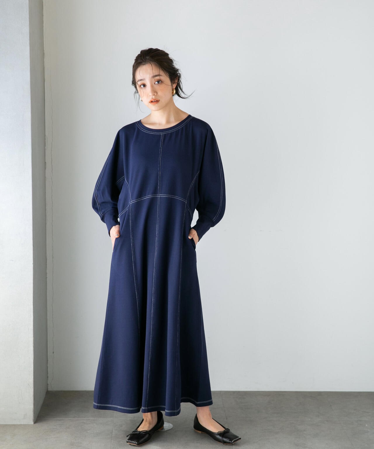 LB.04/WEB限定 配色ステッチ袖ボリュームワンピース【低身長サイズ有】 6733119318