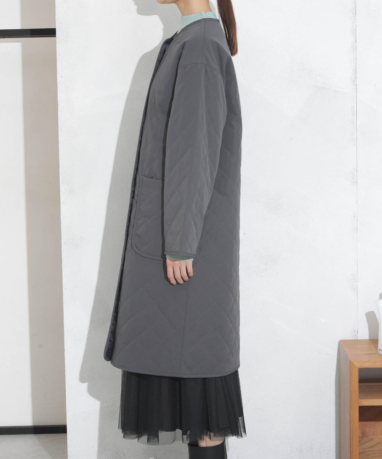 【23区】キルティング　ノーカラー　ロングコート　大きいサイズ　46　グレー ANGIE ノーカラーコート コート キルティング ロングコート レディース