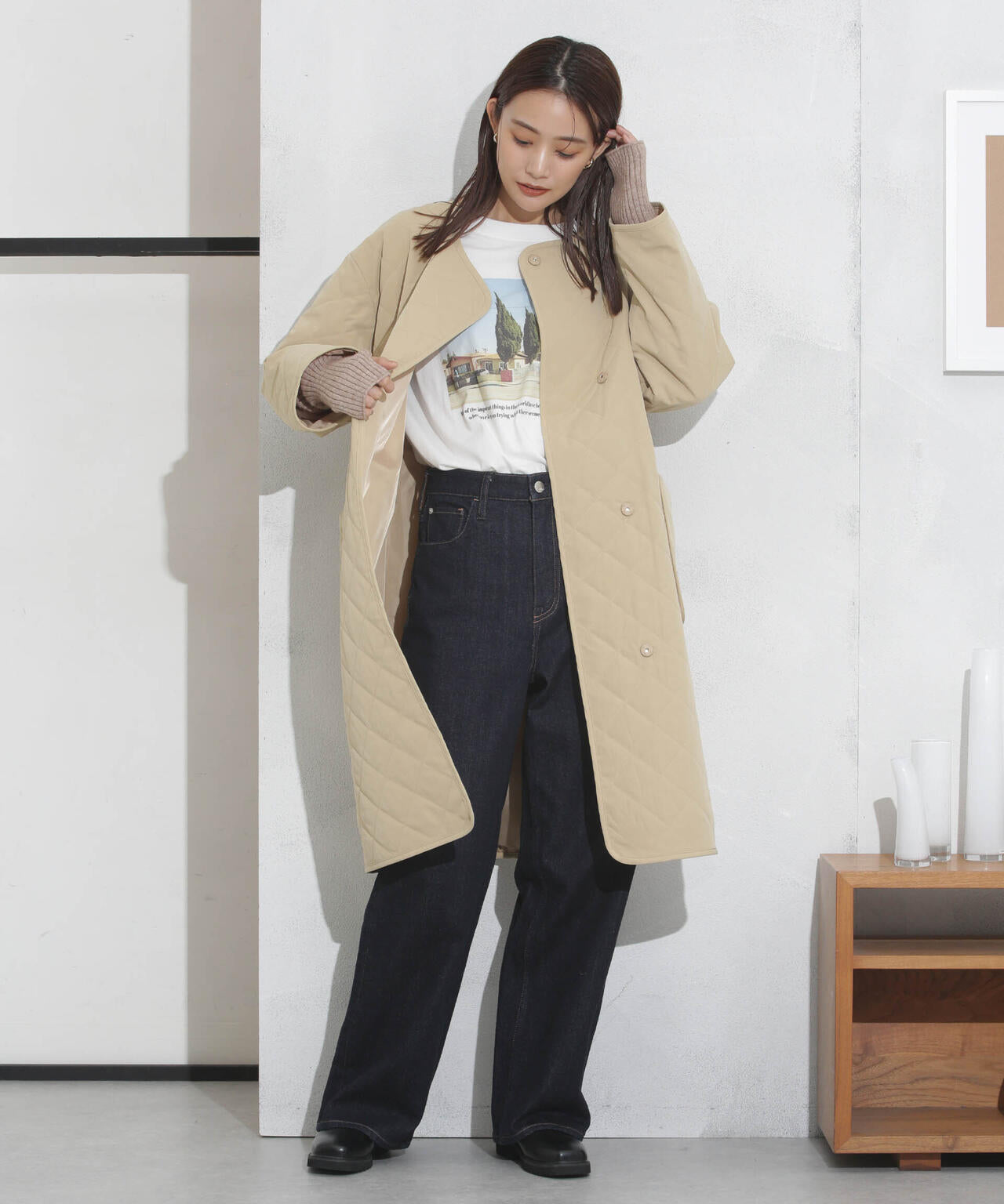 撥水加工・機能中綿　ノーカラーキルティングロングコート 6733211302