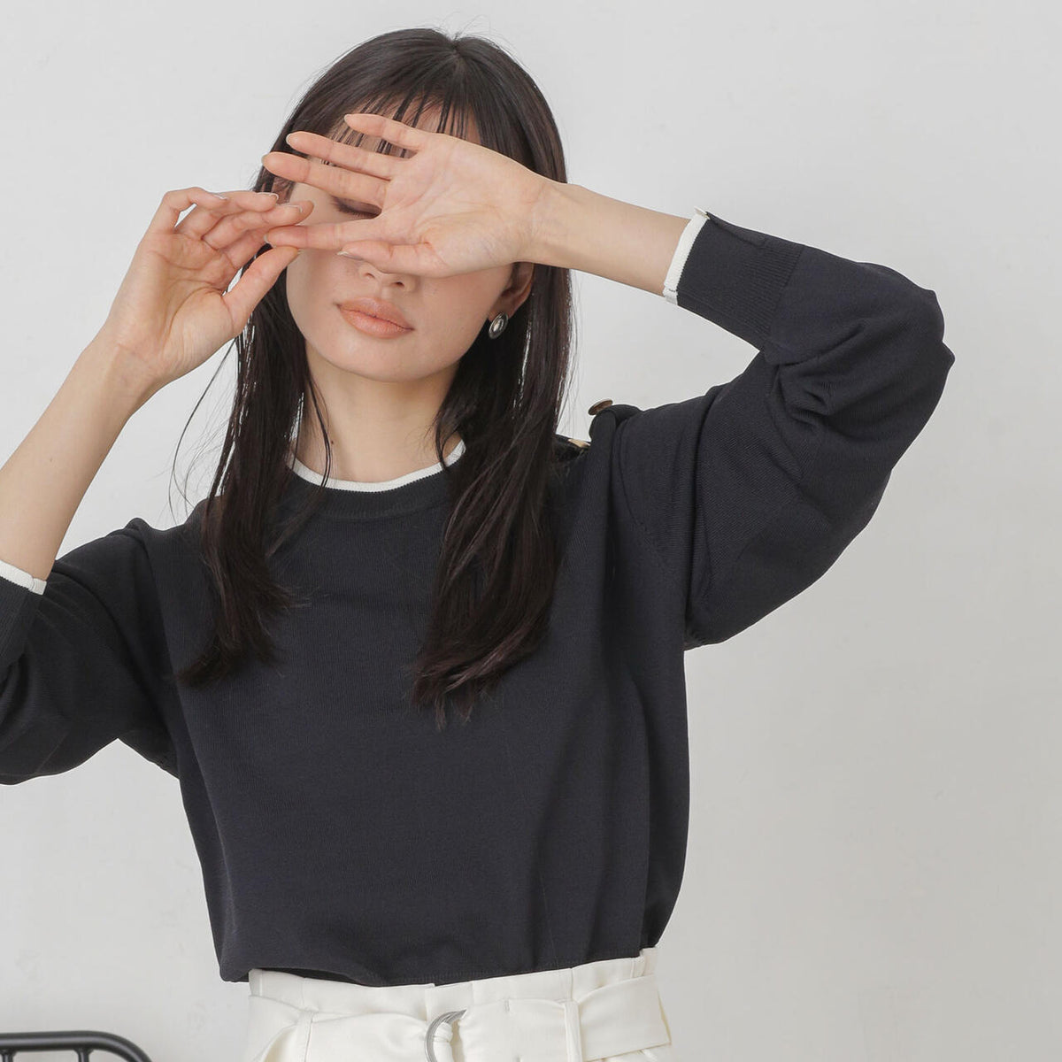 洗濯機洗い可 UVカット バイカラー 釦ディティール ニット