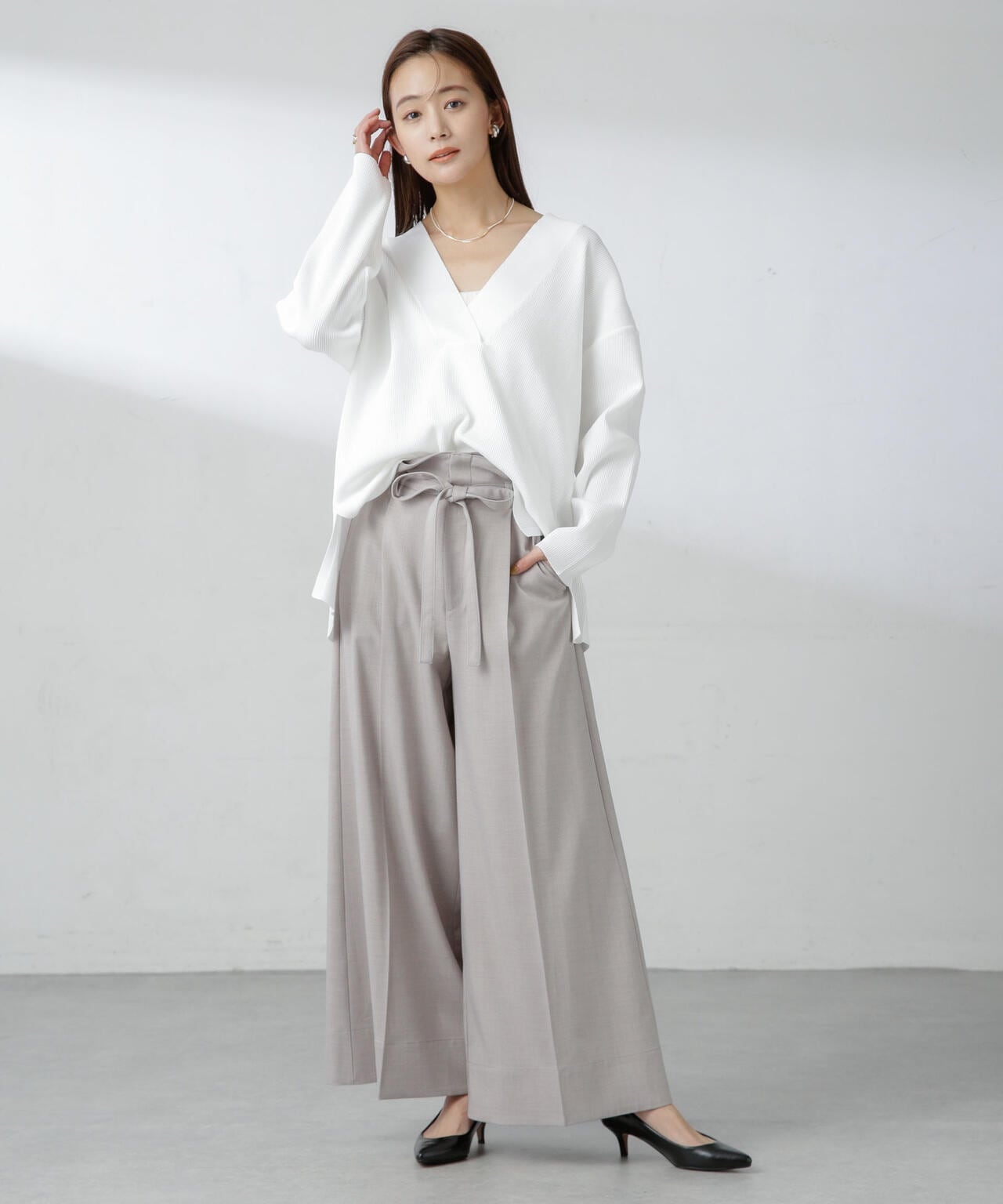 洗濯機洗可 Vネック サイドスリット オーバーニット