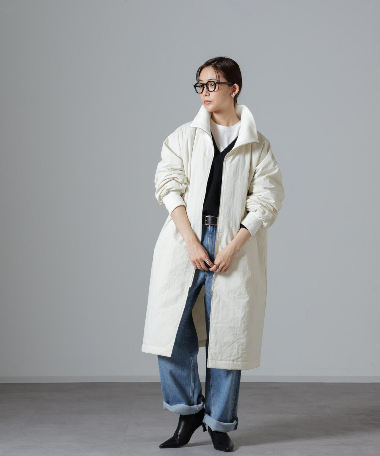 撥水加工・機能中綿 ジップアップ リブ ロングコート 