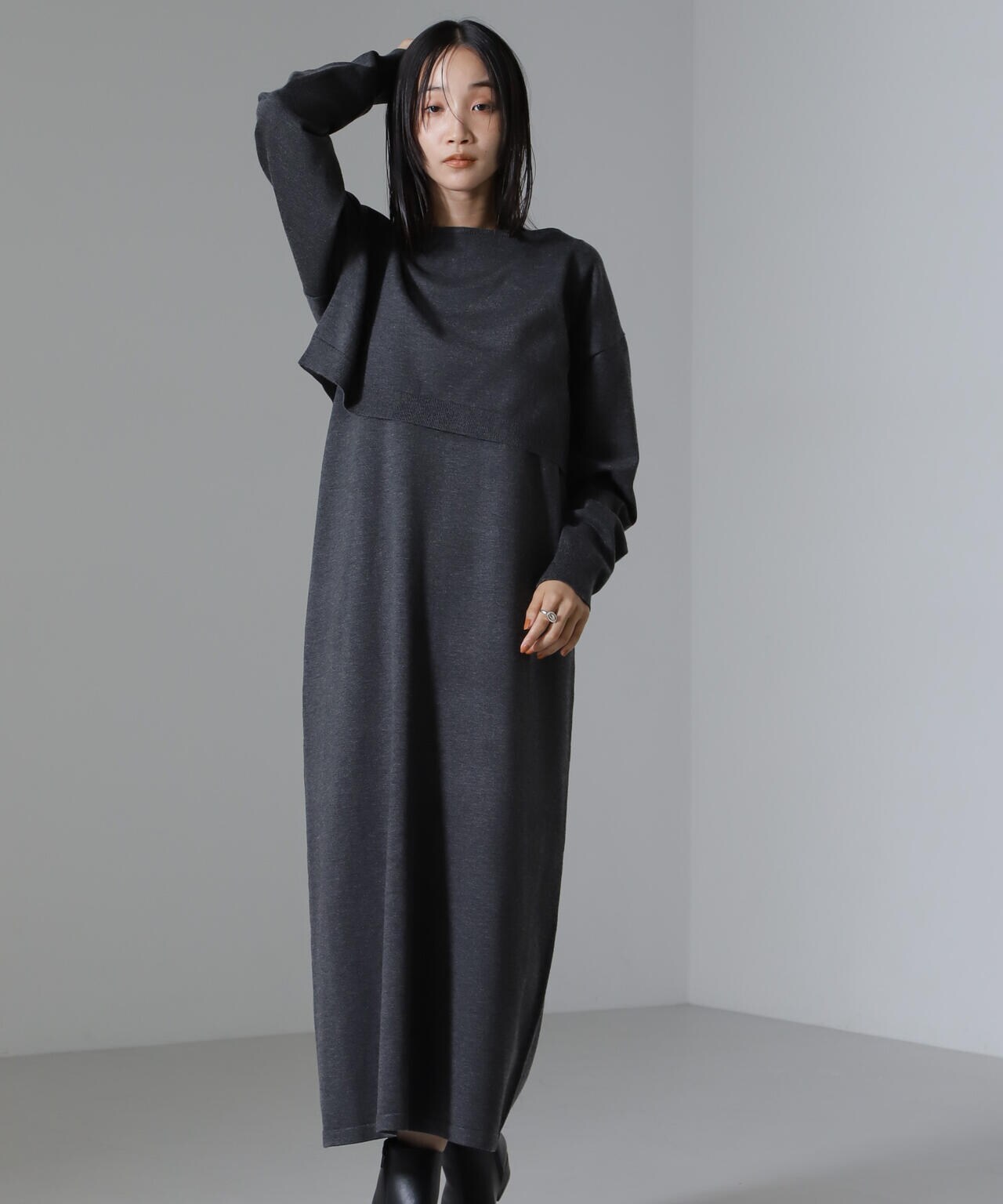 美品　ナノユニバース　プリーツ ニットワンピース 黒 mj2193-005.jpg