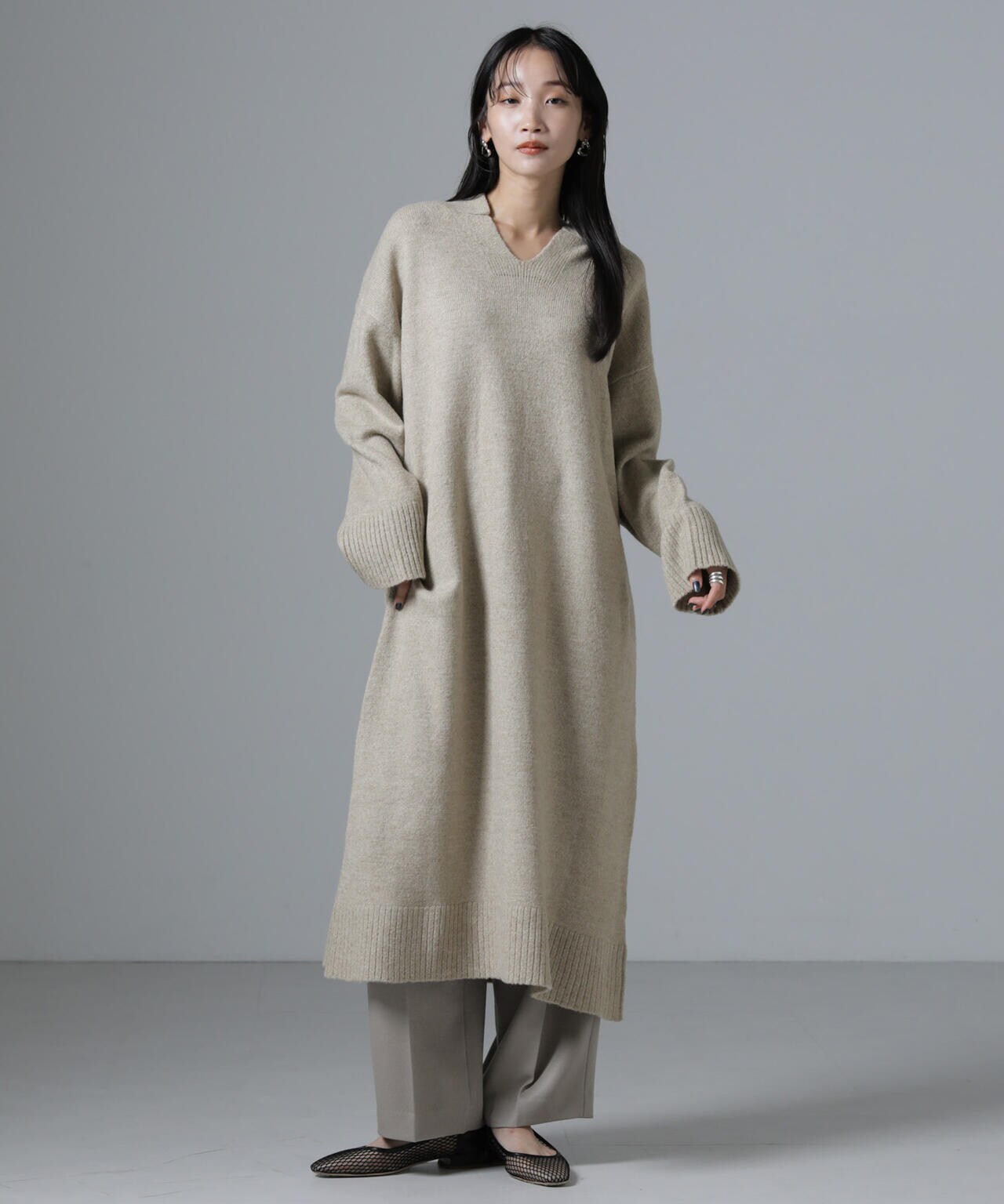 レン　レオナールニットワンピース42 近年美品 LEONARD レオナール カンカン ストレッチ ワンピース