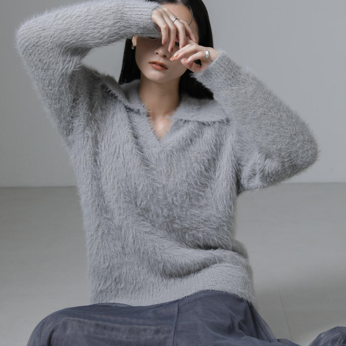 衿付き ヘアリー ニット プルオーバー
