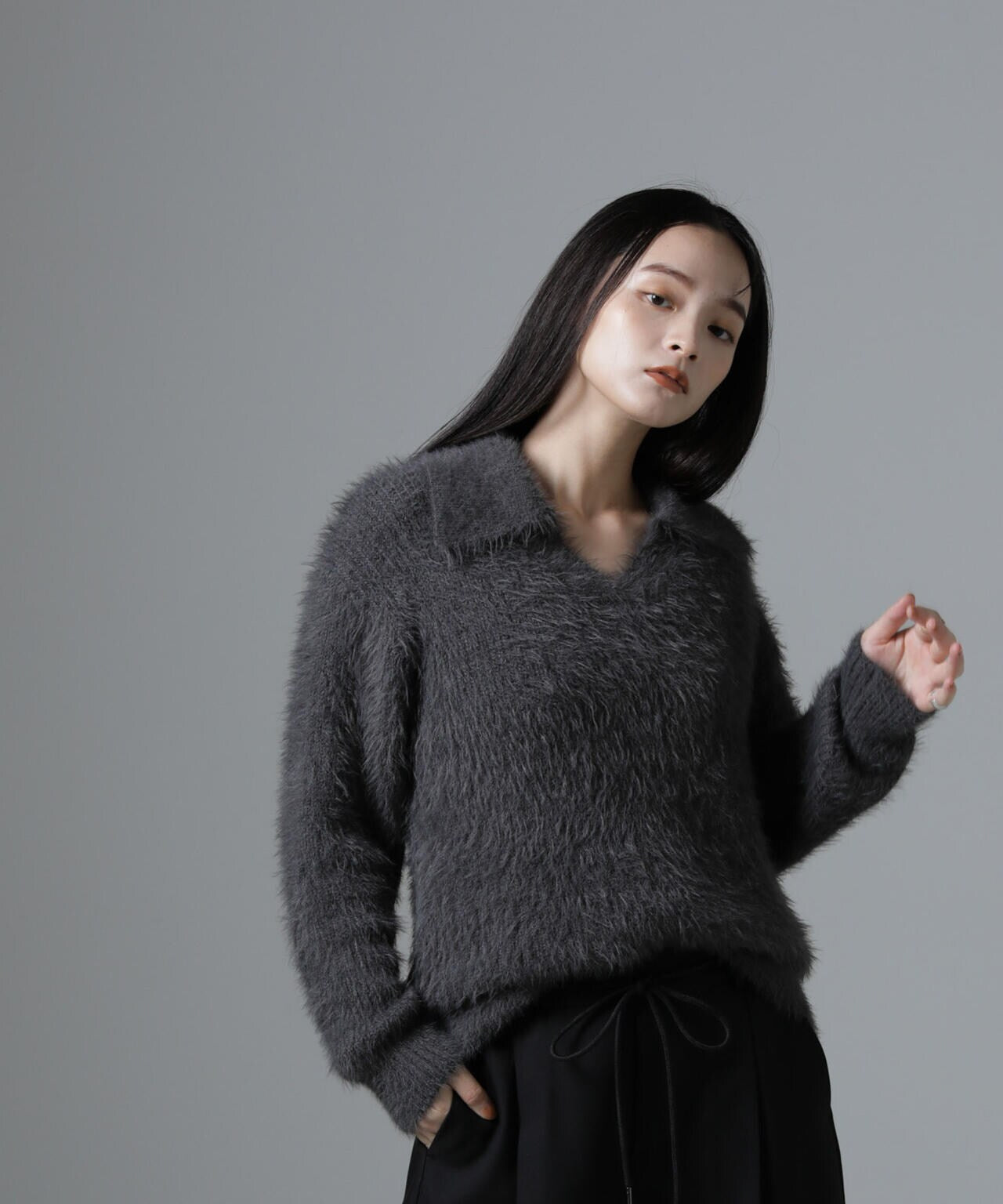 衿付き ヘアリー ニット プルオーバー