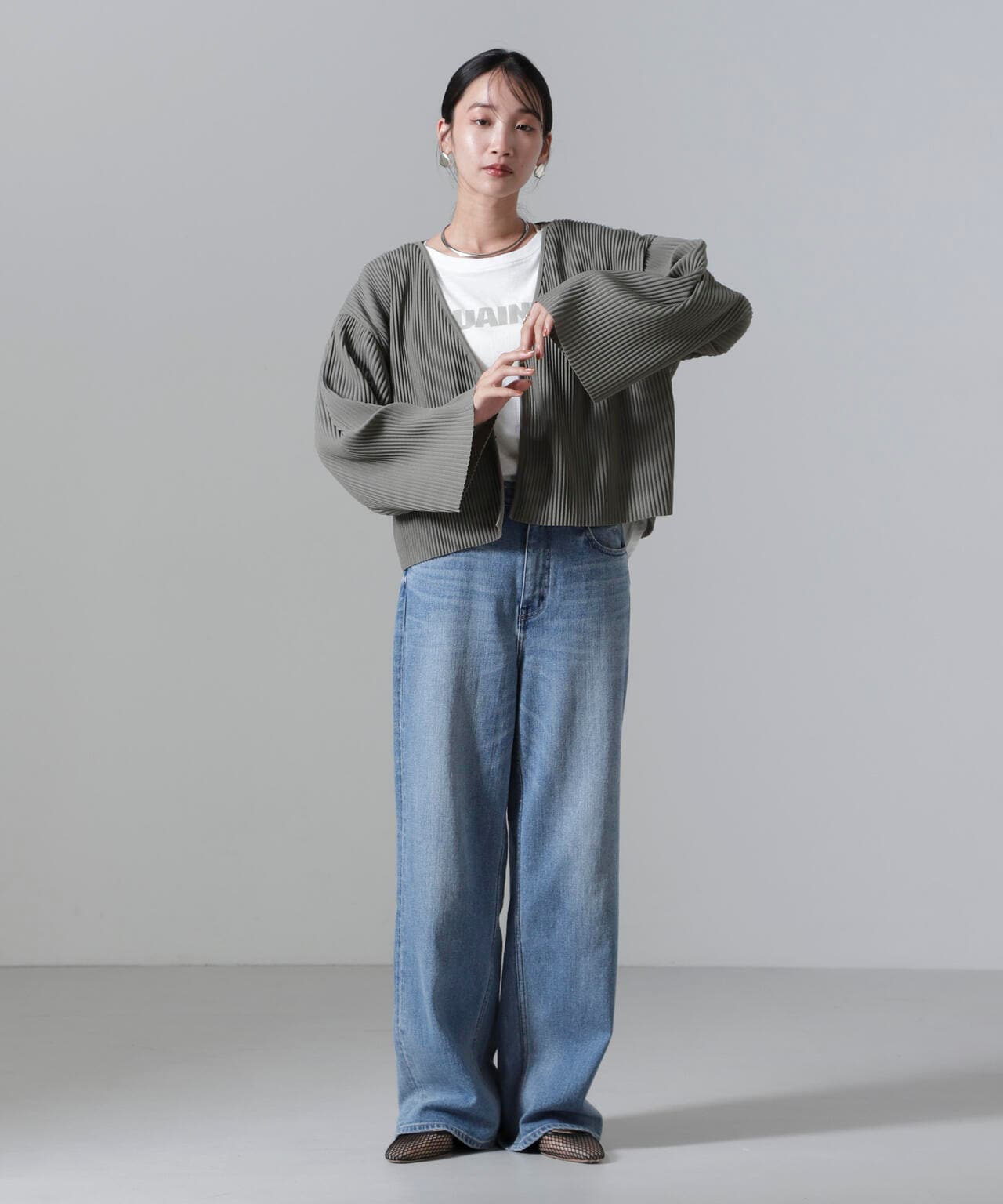 プリーツプリーズ デニム転写風長袖カーディガンとカットソーセット プリーツプリーズ デニム転写風長袖カーディガンとカットソーセット