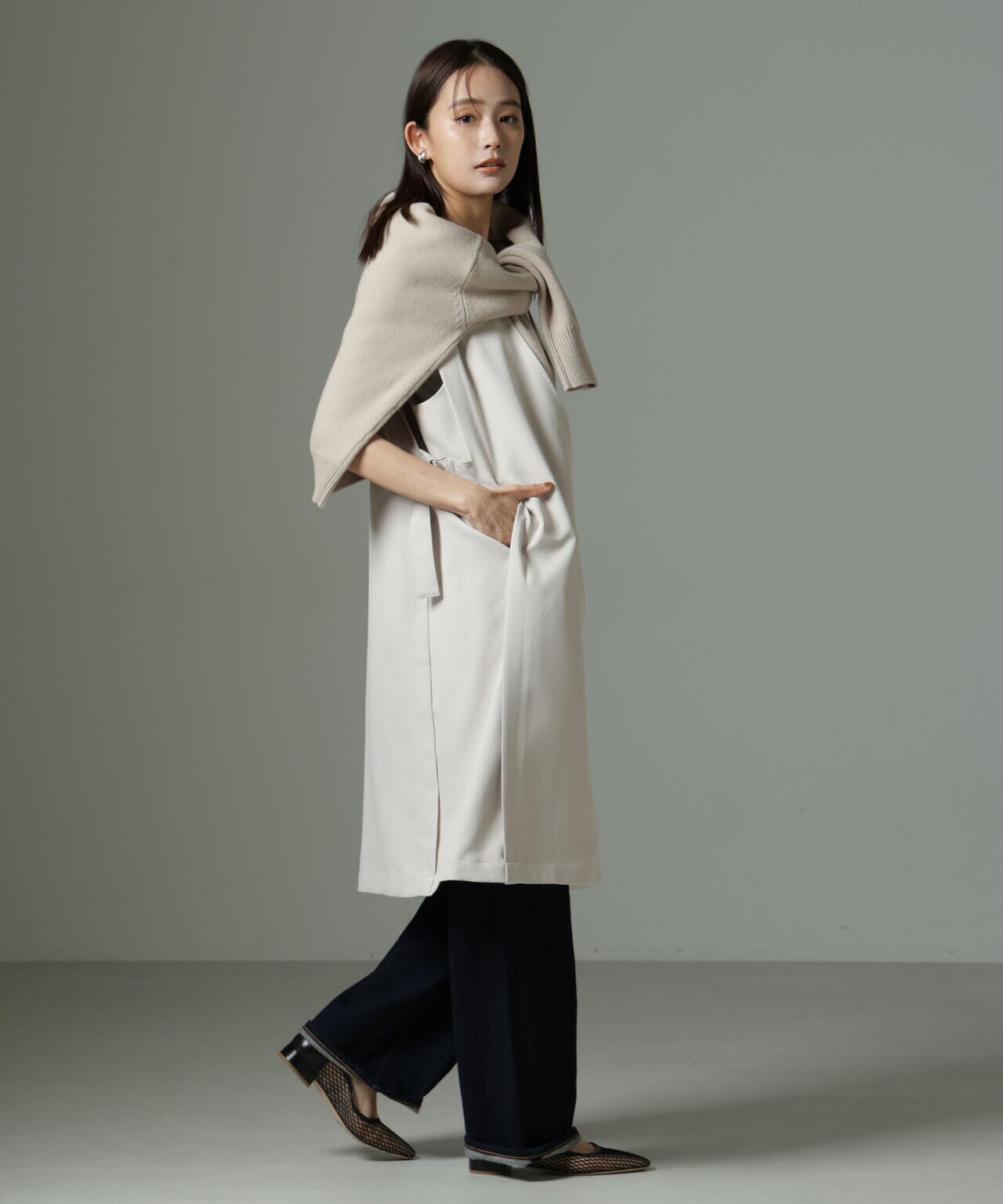 ☆美品☆cen. セン　ロングジレ　リネンライク　ネイビー　日本製 日本製/洗える】スタイリッシュロングジレ(ベスト・ジレ