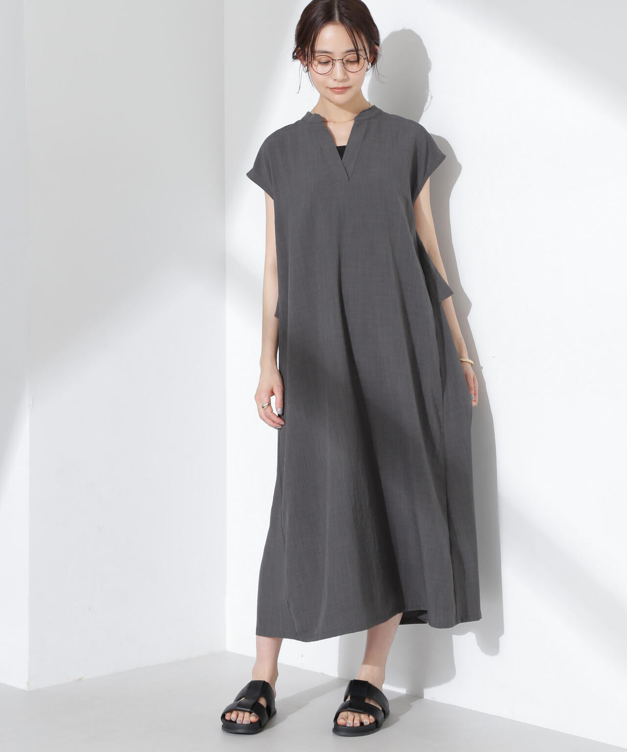 リネンタッチ バックフレア スキッパー ワンピース