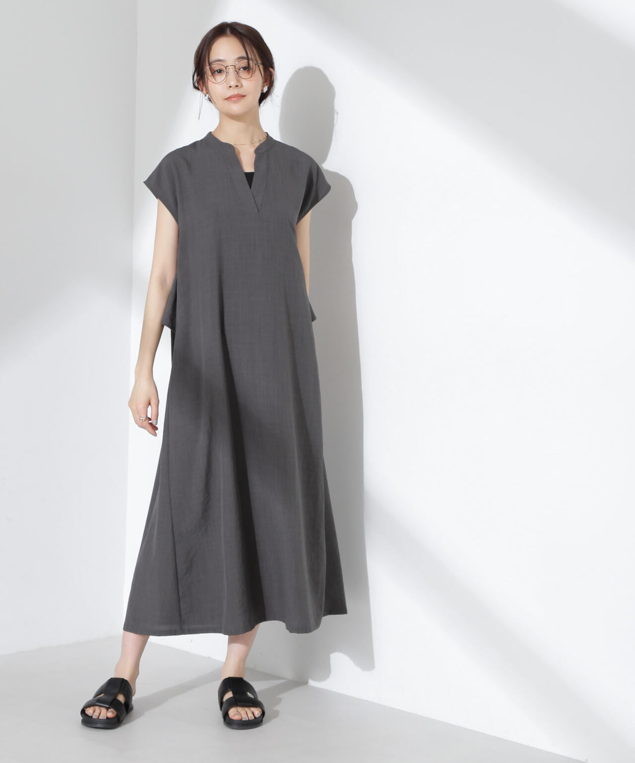 リネン　ワンピース リネンタッチ バックフレア スキッパー ワンピース