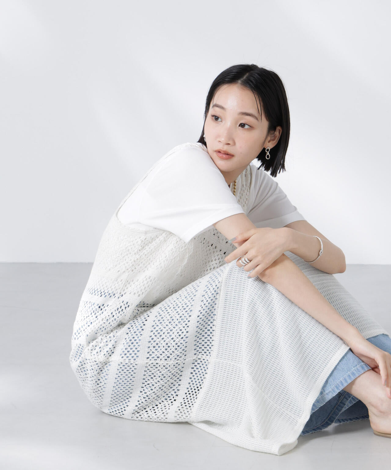 フェラガモ　ラナウール模様編みニットワンピース XS グレー　七分袖 セール】 透かし柄アレンジニットワンピース （ロング・マキシ丈