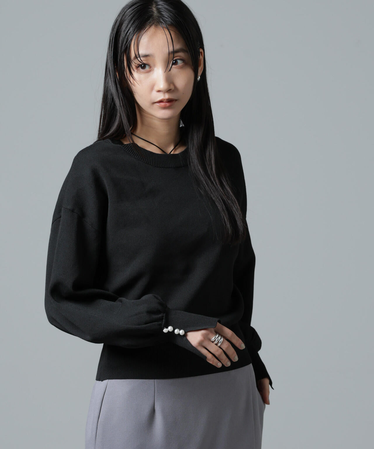 洗濯機洗い可 パール スリーブ ニット トップス