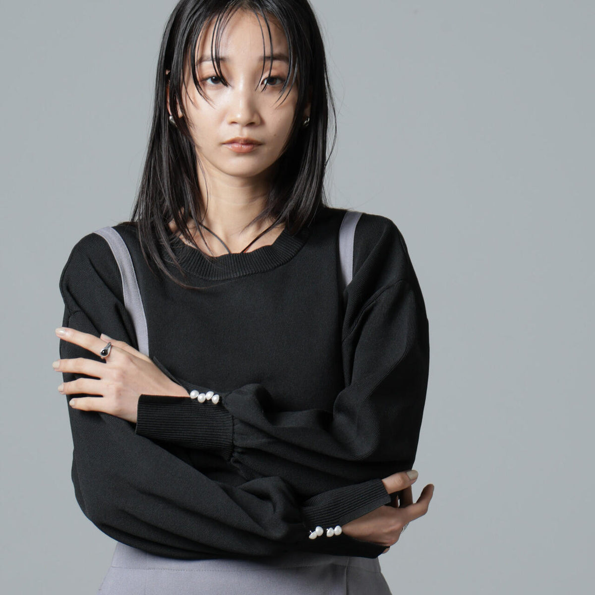 洗濯機洗い可 パール スリーブ ニット トップス