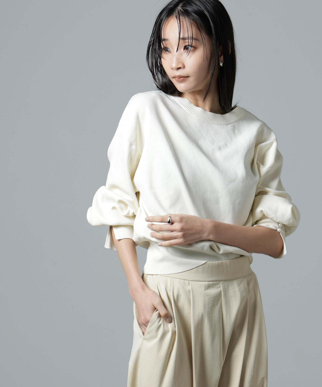 洗濯機洗い可 パール スリーブ ニット トップス