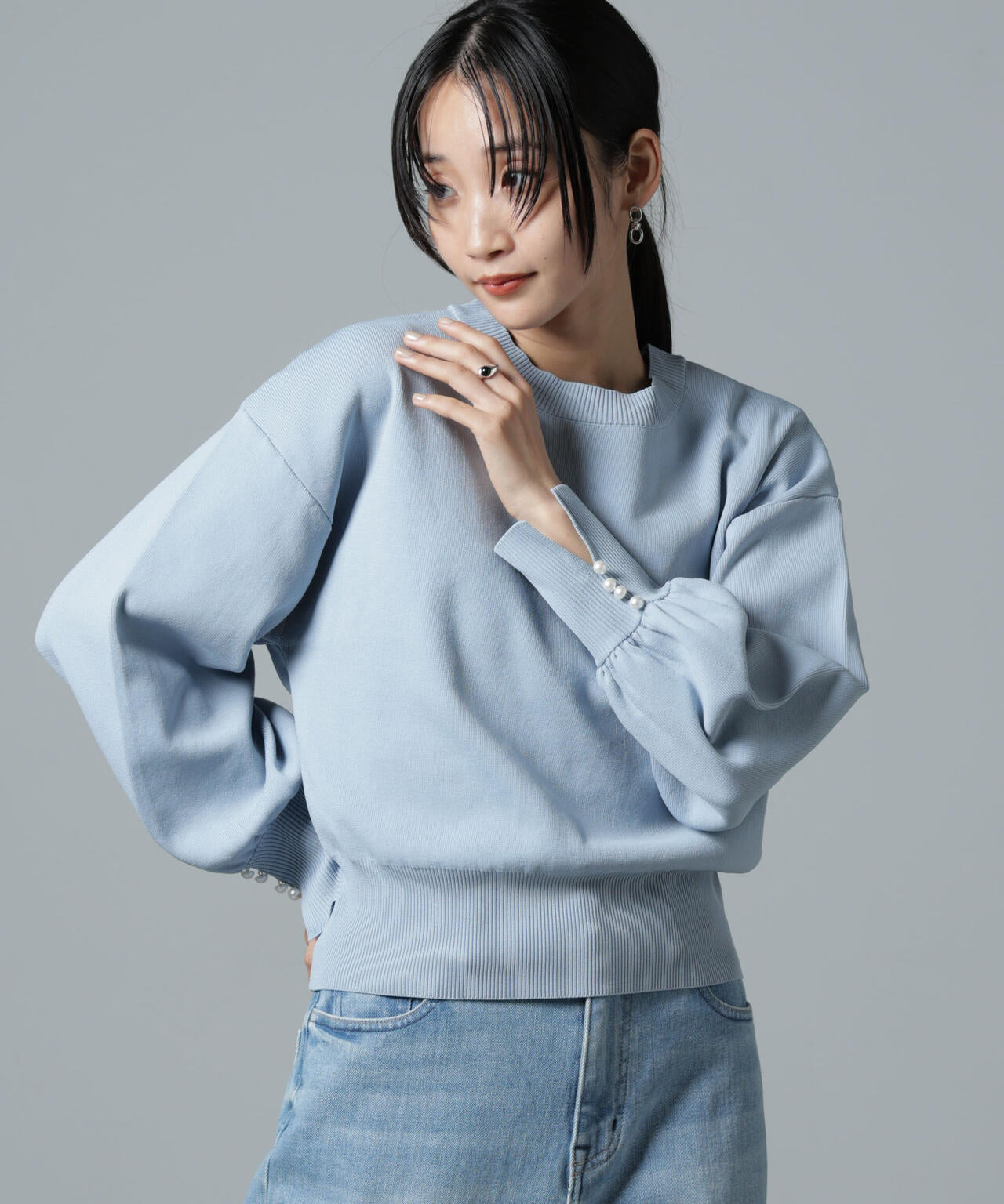 洗濯機洗い可 パール スリーブ ニット トップス