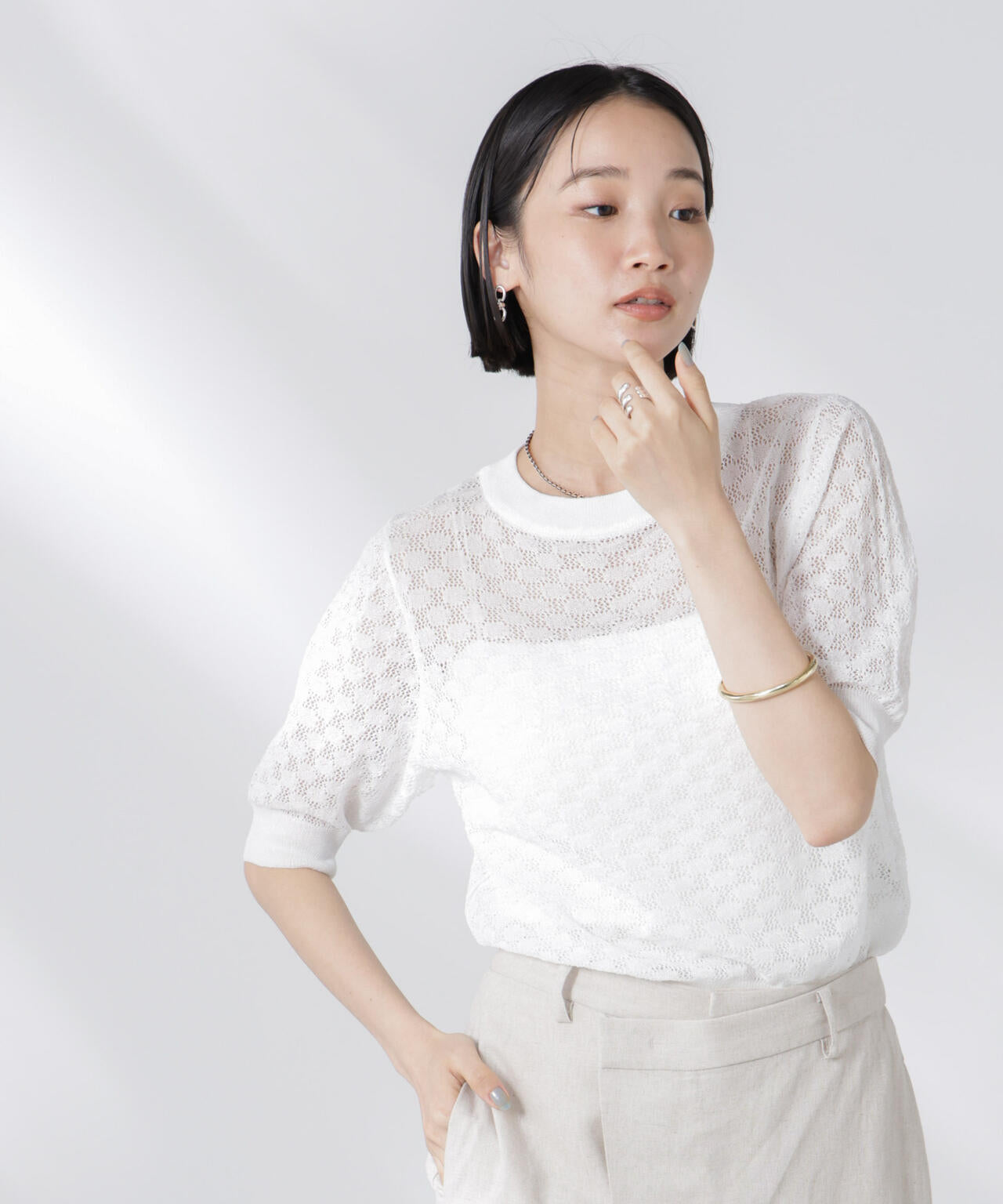 期間限定30％OFF! レース柄 ニット 半袖 クルーネック トップス