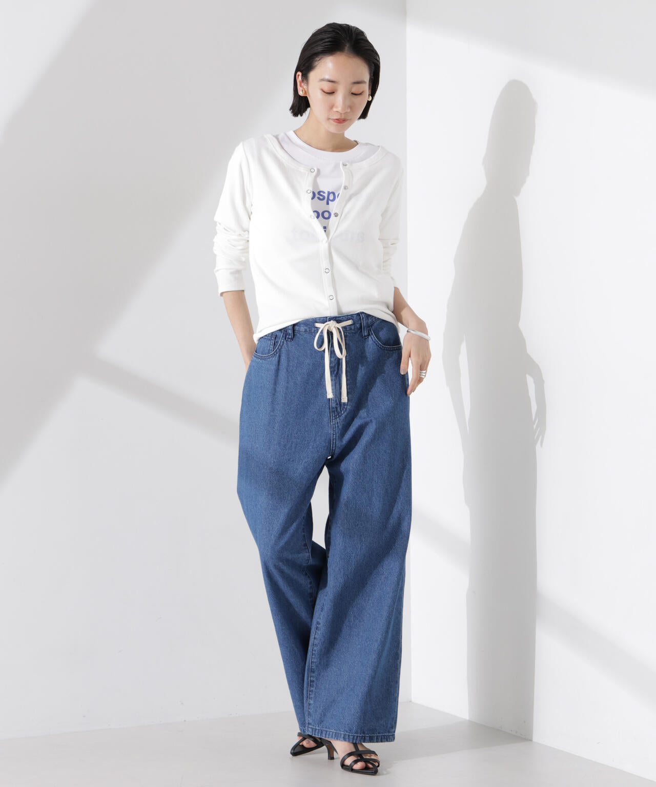 前後2way クルーネック リブ カット カーディガン