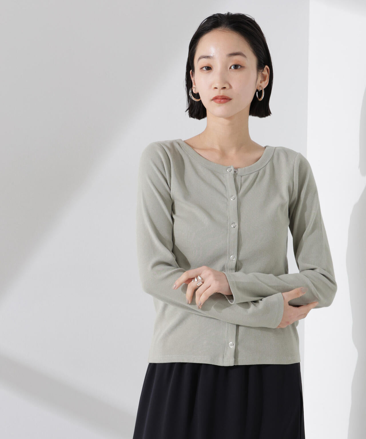 前後2way クルーネック リブ カット カーディガン