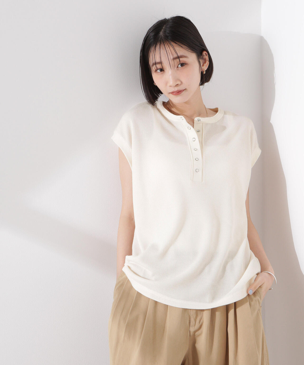 ワッフル ヘンリー ノースリーブ トップス