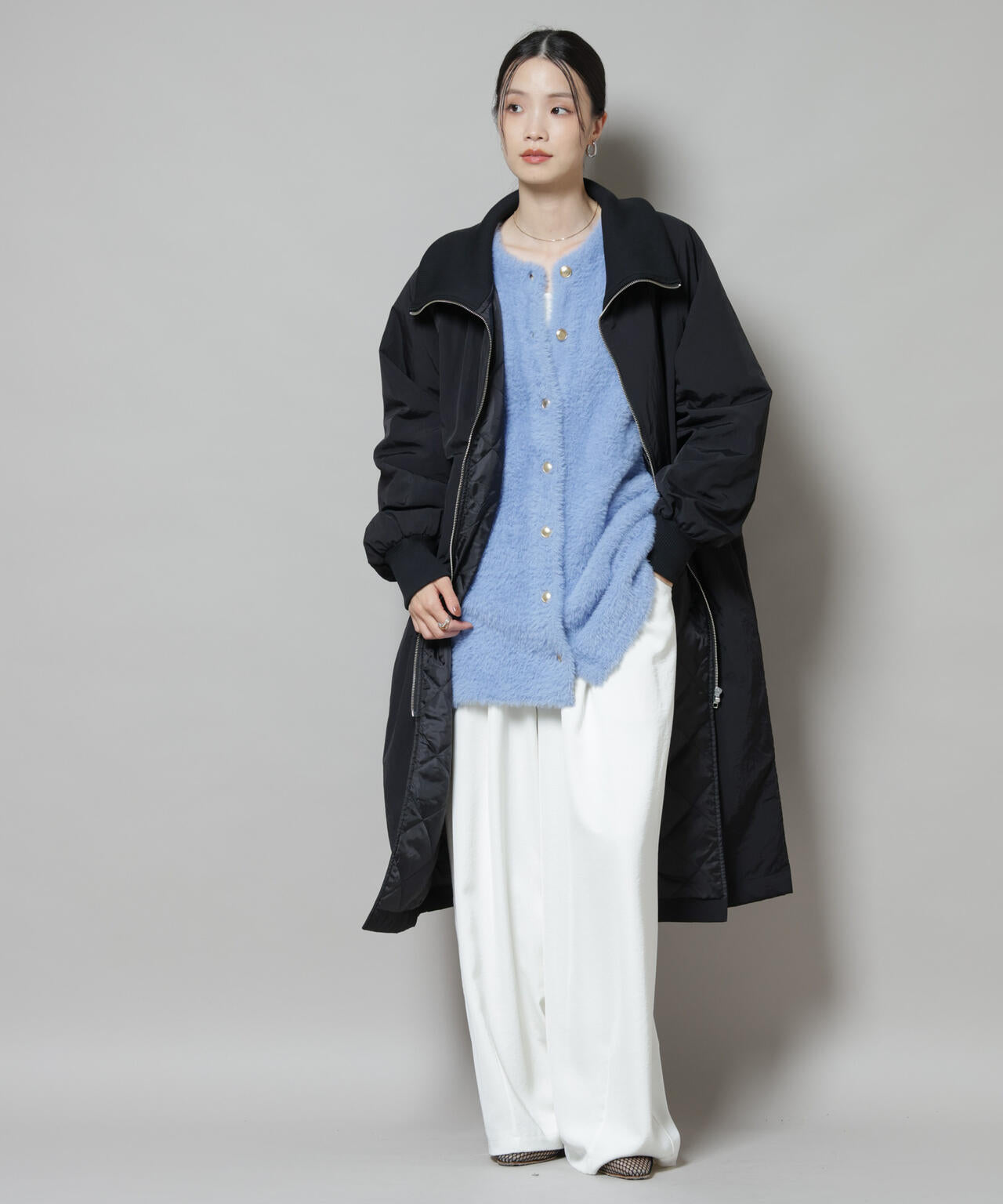 撥水加工 ・ 機能中綿 ジップアップ リブ ロングコート