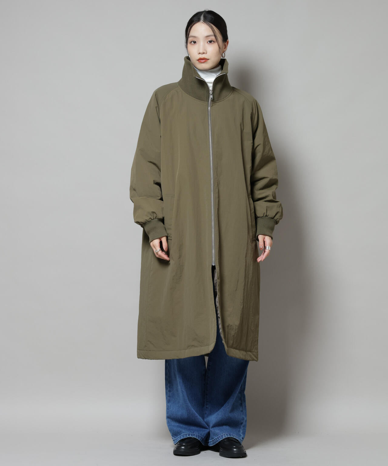 撥水加工 ・ 機能中綿 ジップアップ リブ ロングコート