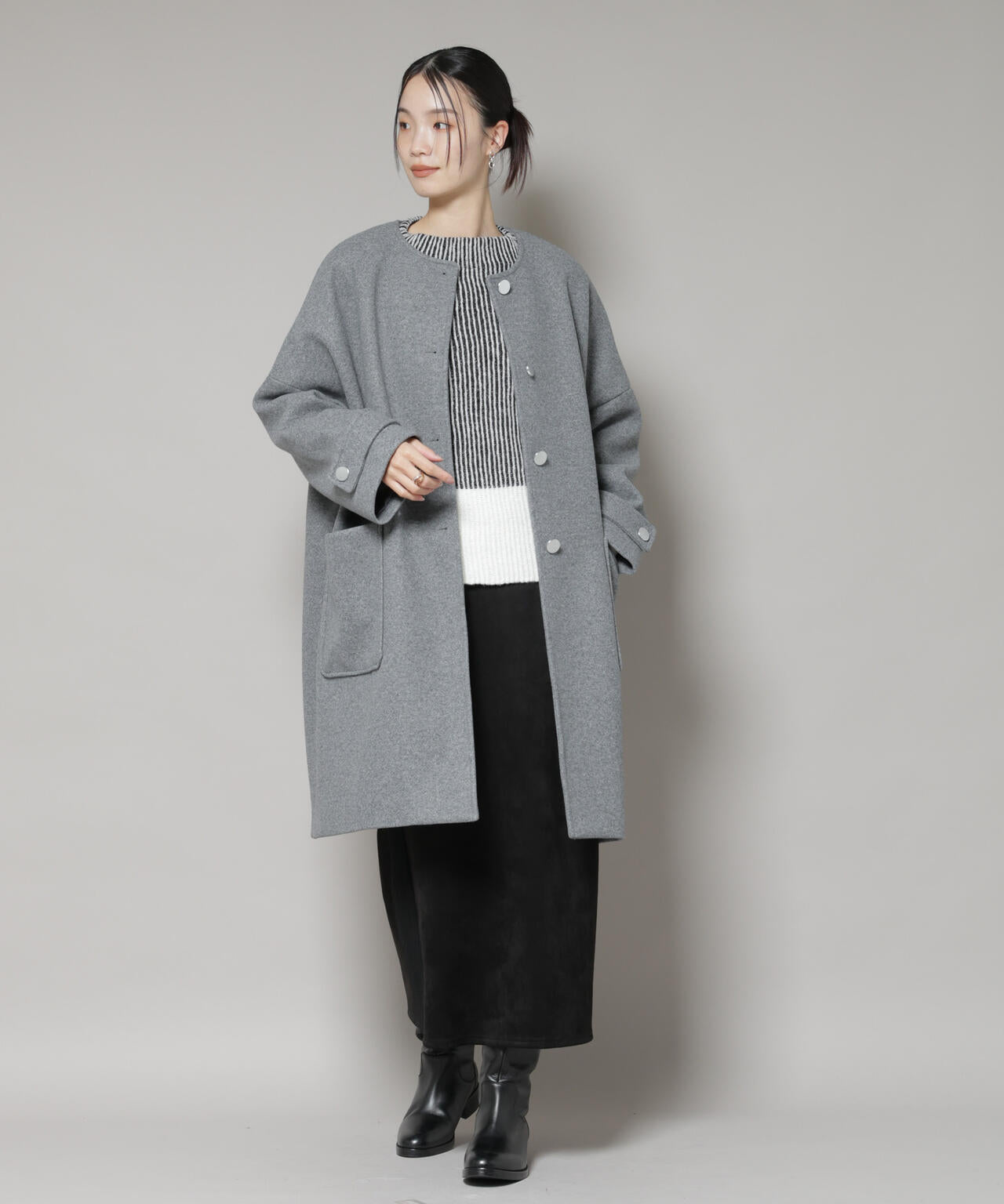 ノーカラー コクーン ミドルコート