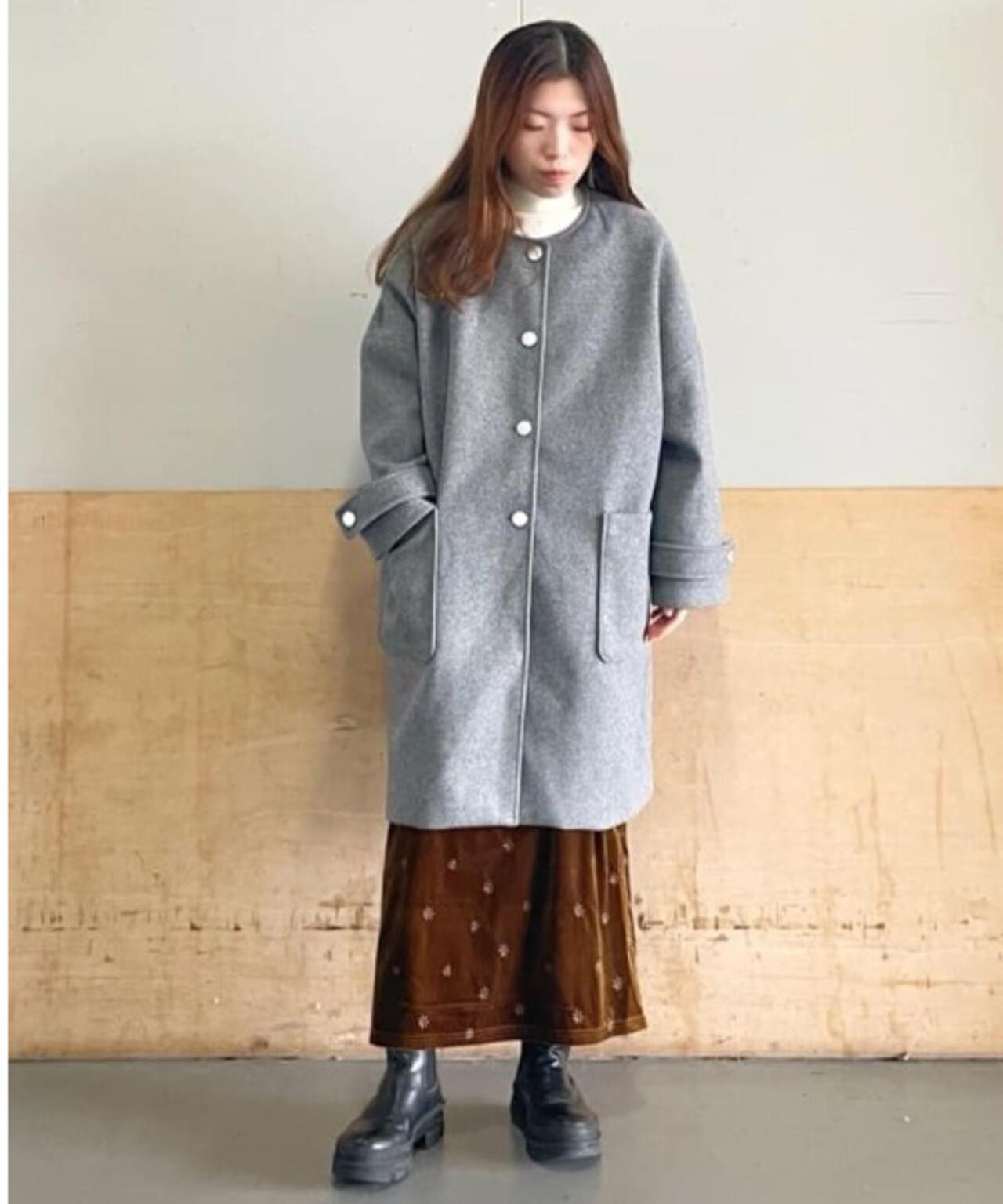 ノーカラー コクーン ミドルコート